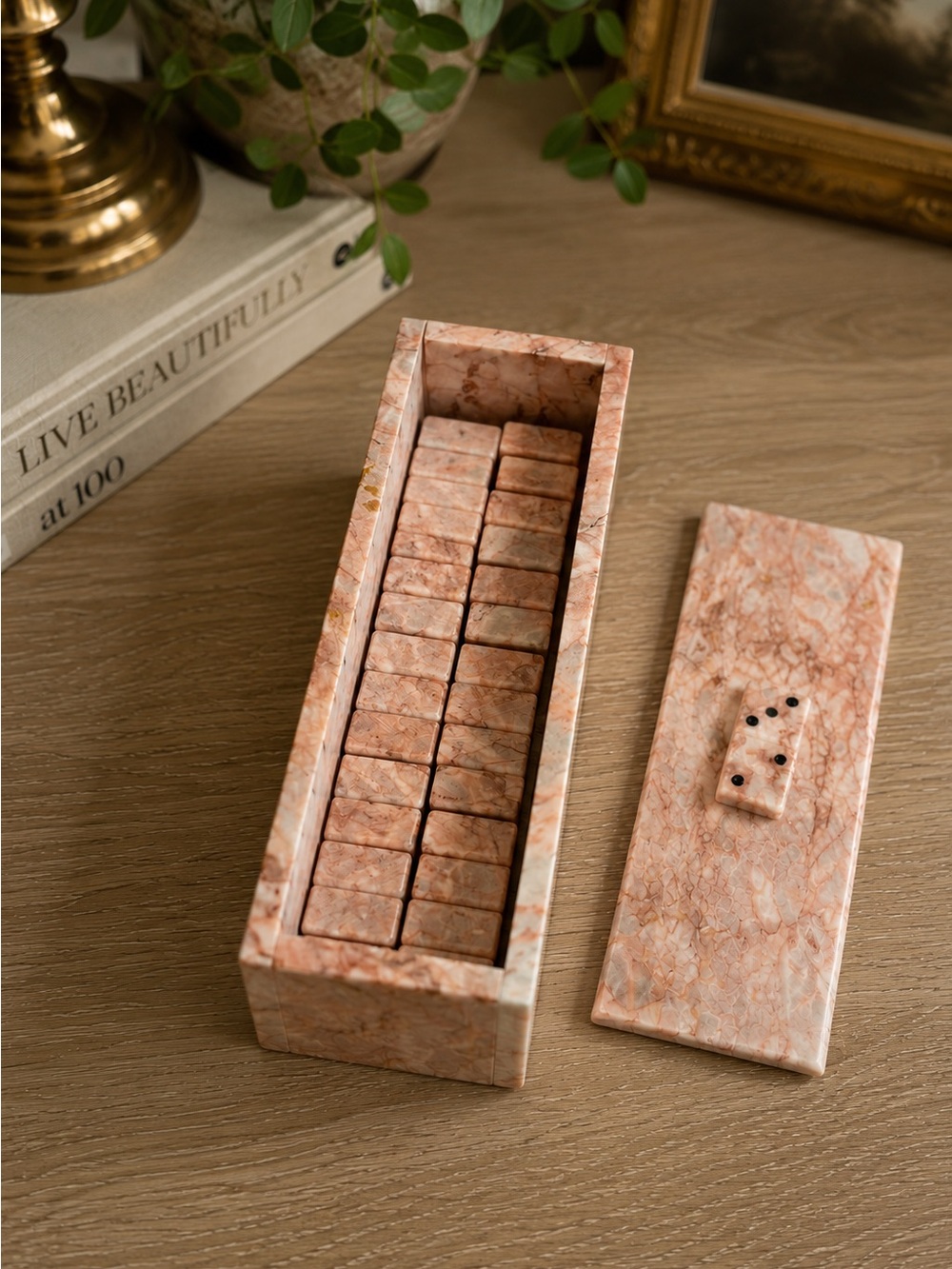 Vintage Pink Marble Domino Set with Lidded Box | Heavy Stone Coffee Table Decor
